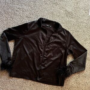 Nasty Gal Satin Feather Pyjama Shirt And Shorts Set.